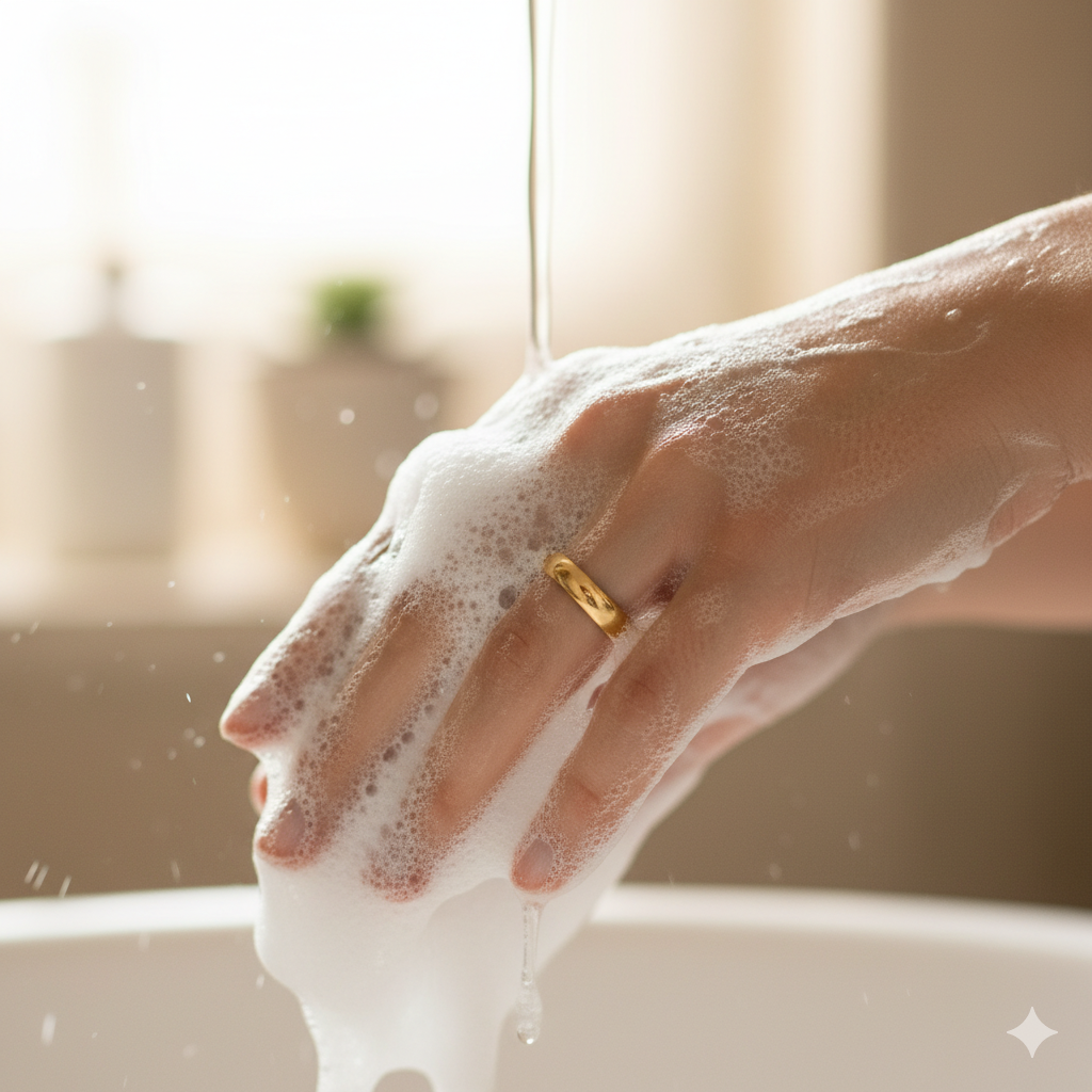 금반지를 낀 손을 비누 거품으로 깨끗하게 씻는 모습