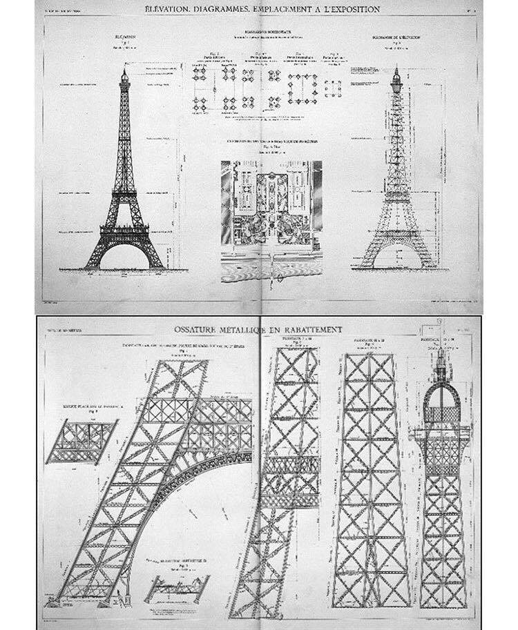 에펠탑의 구조를 보여주는 정교한 초기 설계도